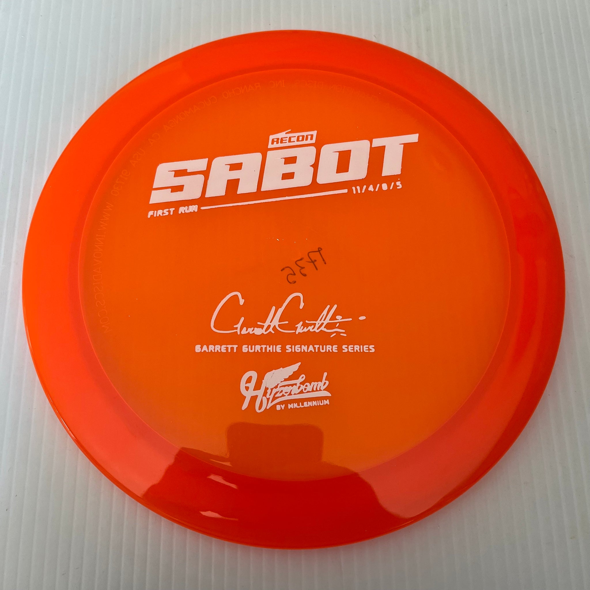 Millennium Discs First Run Garrett Gurthie Hyzerbomb Recon Sabot 11/4/0/5